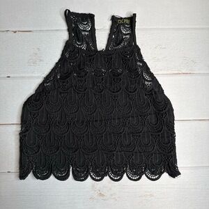 Depri Tank Size Large Black Crochet Sleeveless Scallop Hem Boho Festival Chic